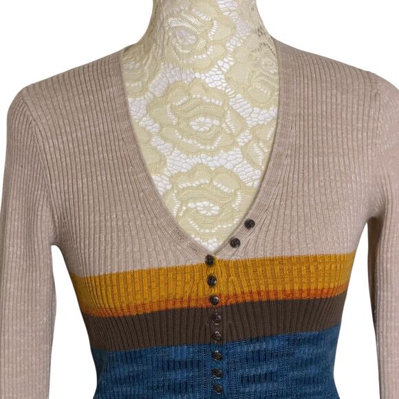 Free People Frequency Henley Sweater Crop Color Block V Neck Tan XS - Picture 4 of 8